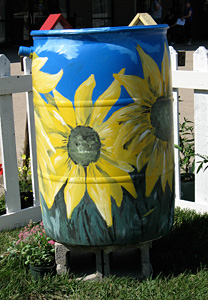 Art on a Rain Barrel Competition PHOTO: Sunflower-painted rainbarrel
