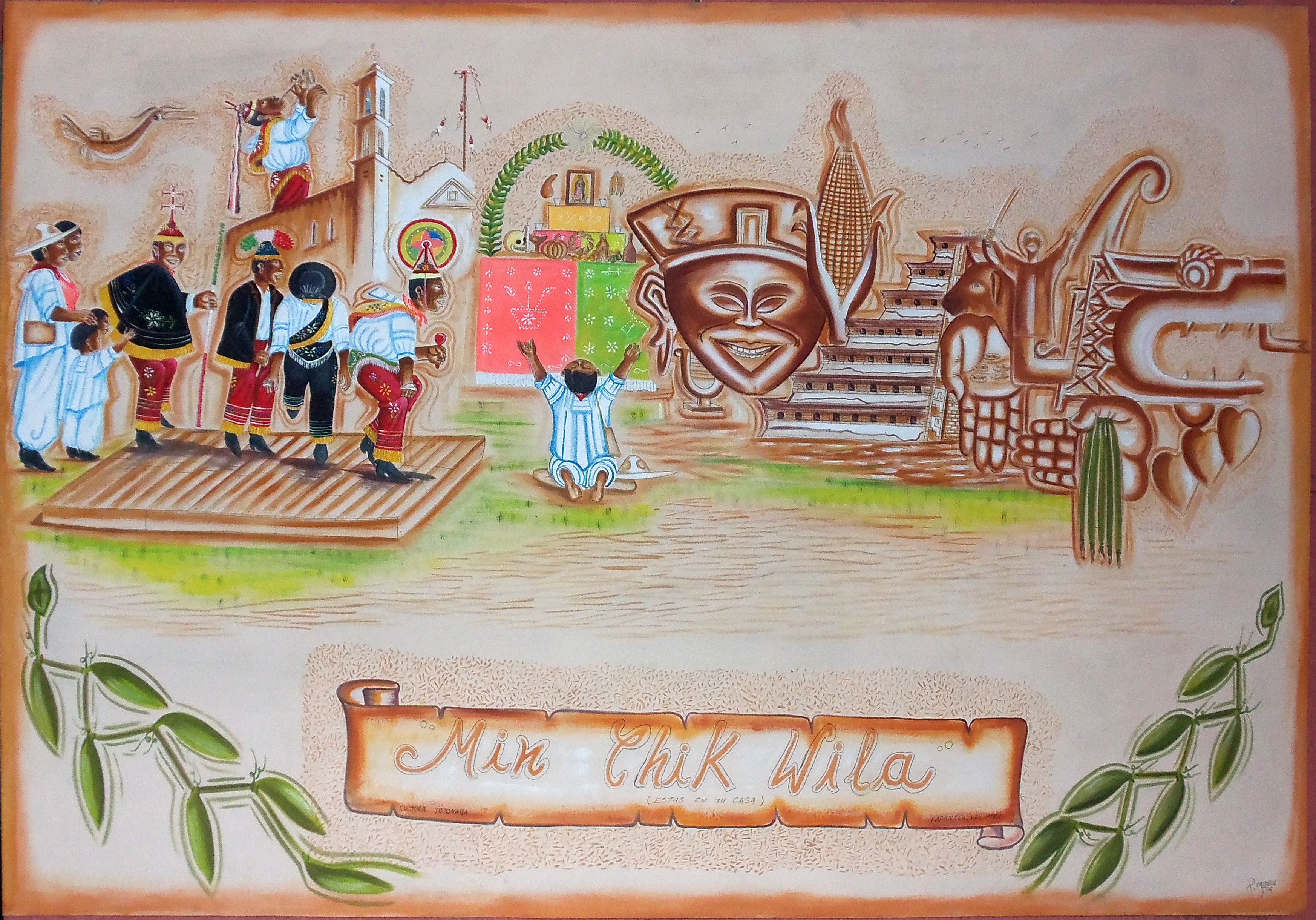 ILLUSTRATION: Welcome to our home illustration, showing vanilla beans in traditional Mayan drawing.