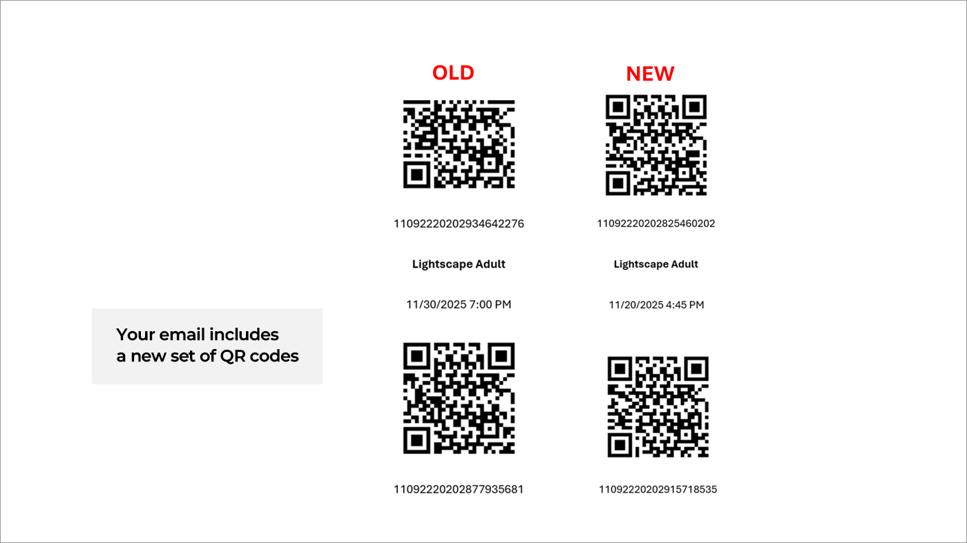 Step 11: Receive new your new Lightscape ticket QR codes. Process is complete and you are ready to enjoy the Lightscape experience.