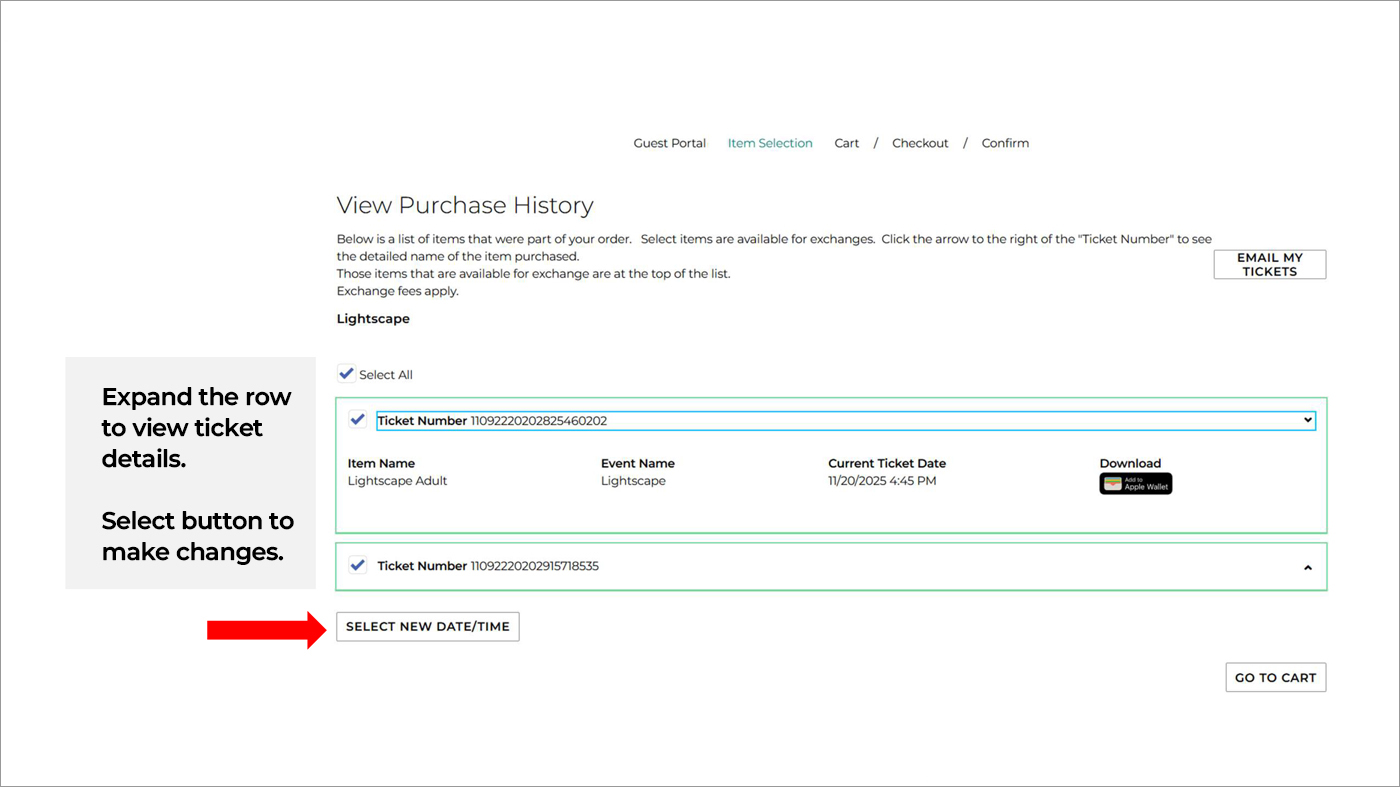 Step 6: Expand the ticket view to show ticket details. To change the date and time, Select New Date/Time/ button.