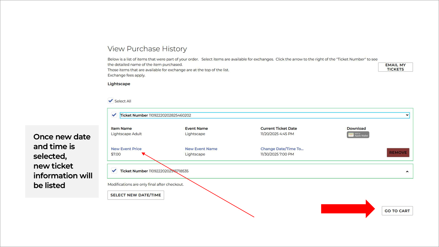 Step 8: New price information is shown. Prices differ from off-peak to standard date. Select Go to Cart button.
