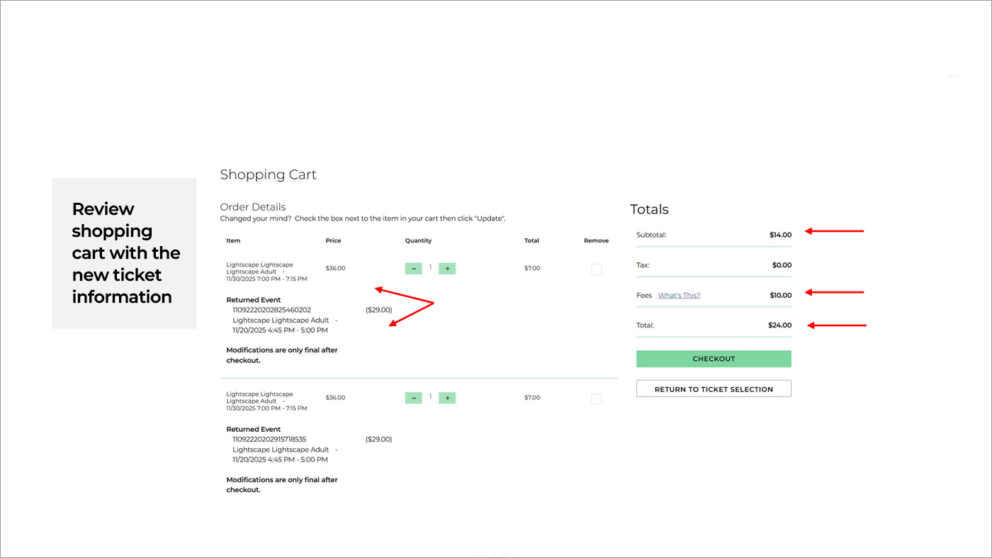 Step 9: Cart view includes time, new price, and ticket exchange fee.