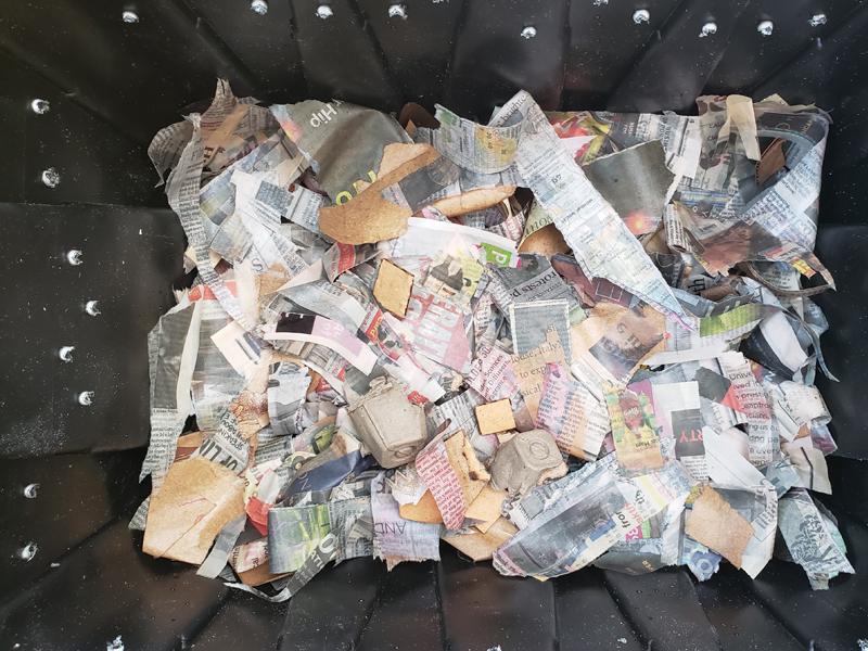 pieces of moist newspaper in bin